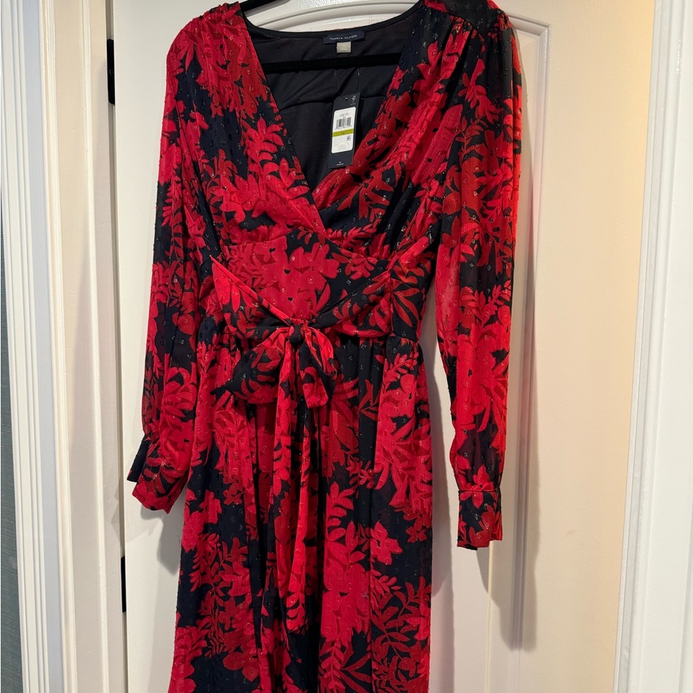 Tommy Hilfiger Red Wrap Midi Dress with Bishop Sleeves